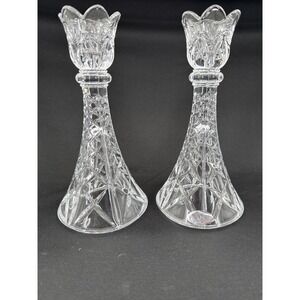 Deplomb Lead Tulip Crystal Candle Stick Holders Tulip Cut Set of 2